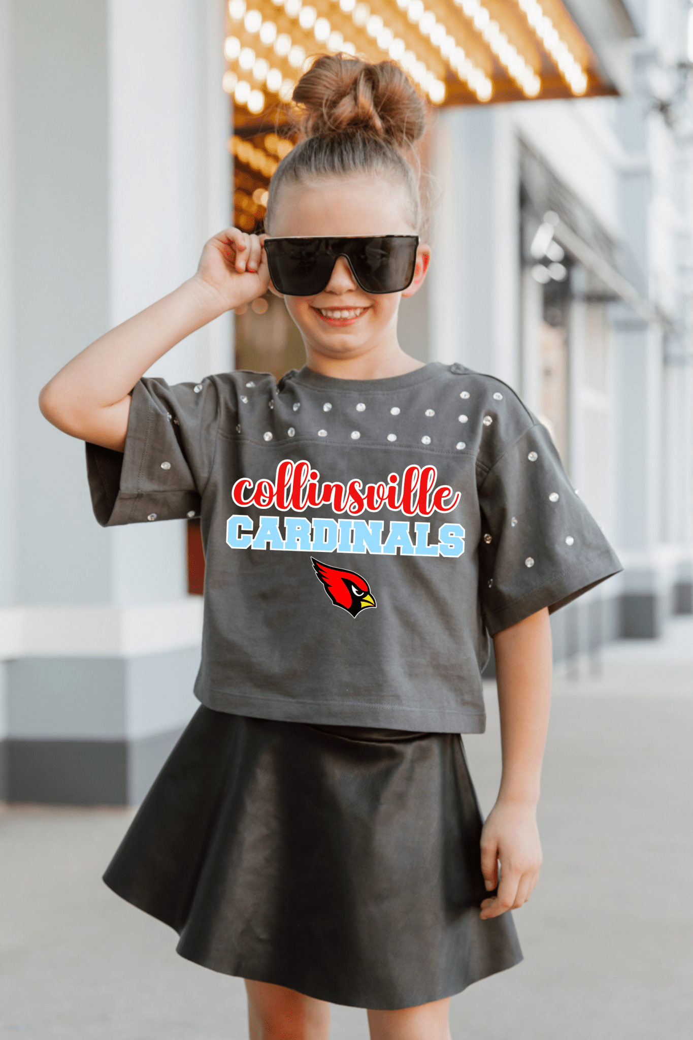 COLLINSVILLE CARDINALS YOUTH RHINESTONE MID - CROP TEE - The Club
