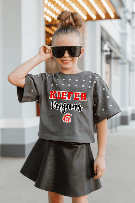 KIEFER TROJANS YOUTH RHINESTONE MID - CROP TEE - The Club
