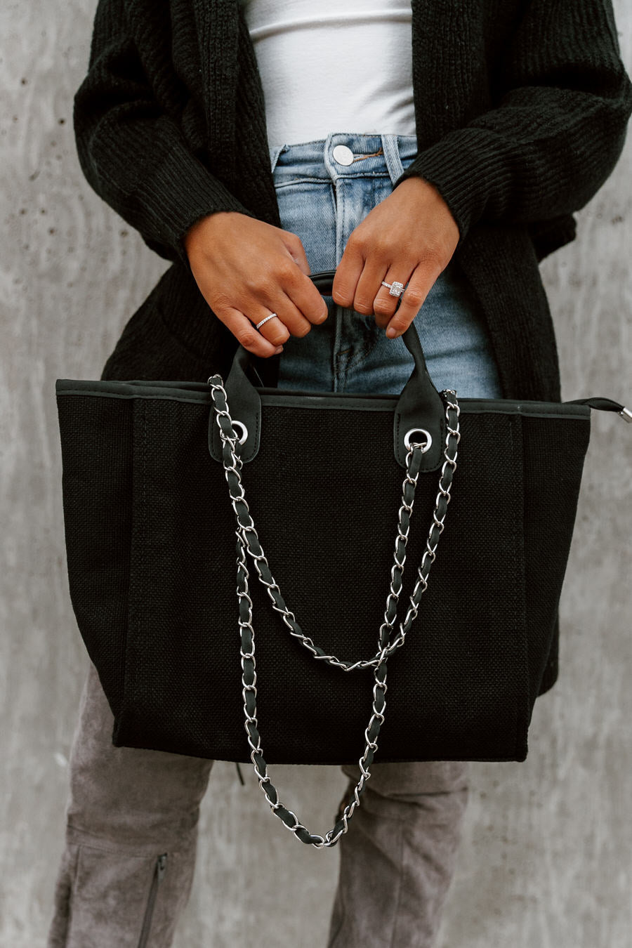 THE "LIVIA" WOVEN TOTE BAG IN BLACK - On Model Detail | Gameday Couture - SOHO