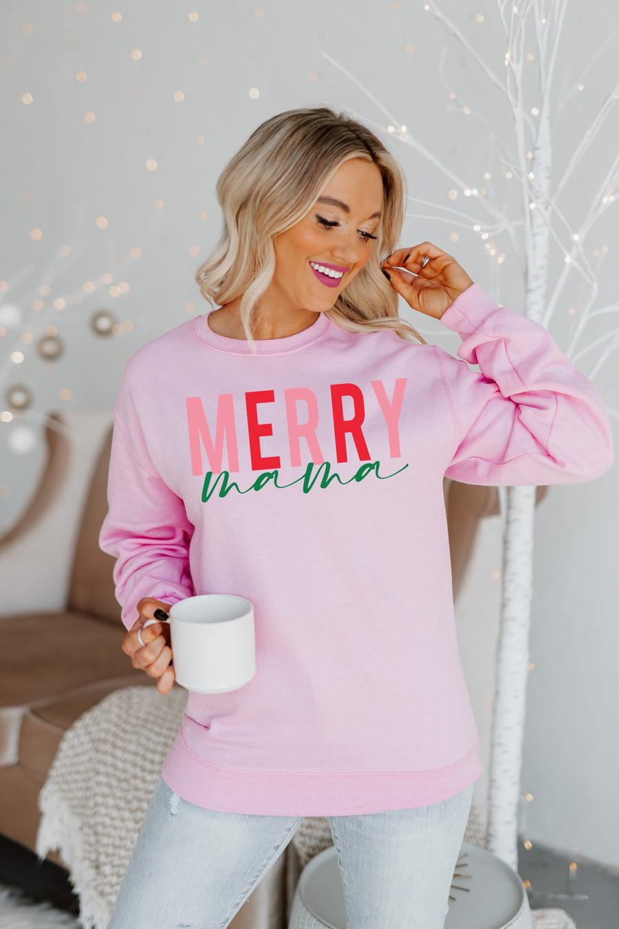 MERRY MAMA OVERSIZED CLASSIC CREW SWEATSHIRT IN LIGHT PINK