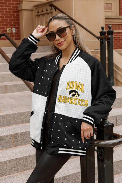 IOWA HAWKEYES REFINED RIVALRY THROWBACK VARSITY BOMBER JACKET
