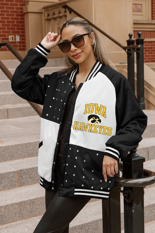 IOWA HAWKEYES REFINED RIVALRY THROWBACK VARSITY BOMBER JACKET