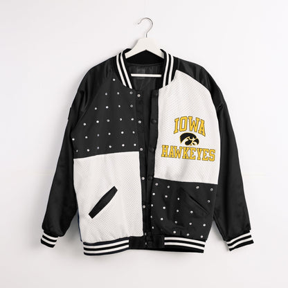 IOWA HAWKEYES REFINED RIVALRY THROWBACK VARSITY BOMBER JACKET