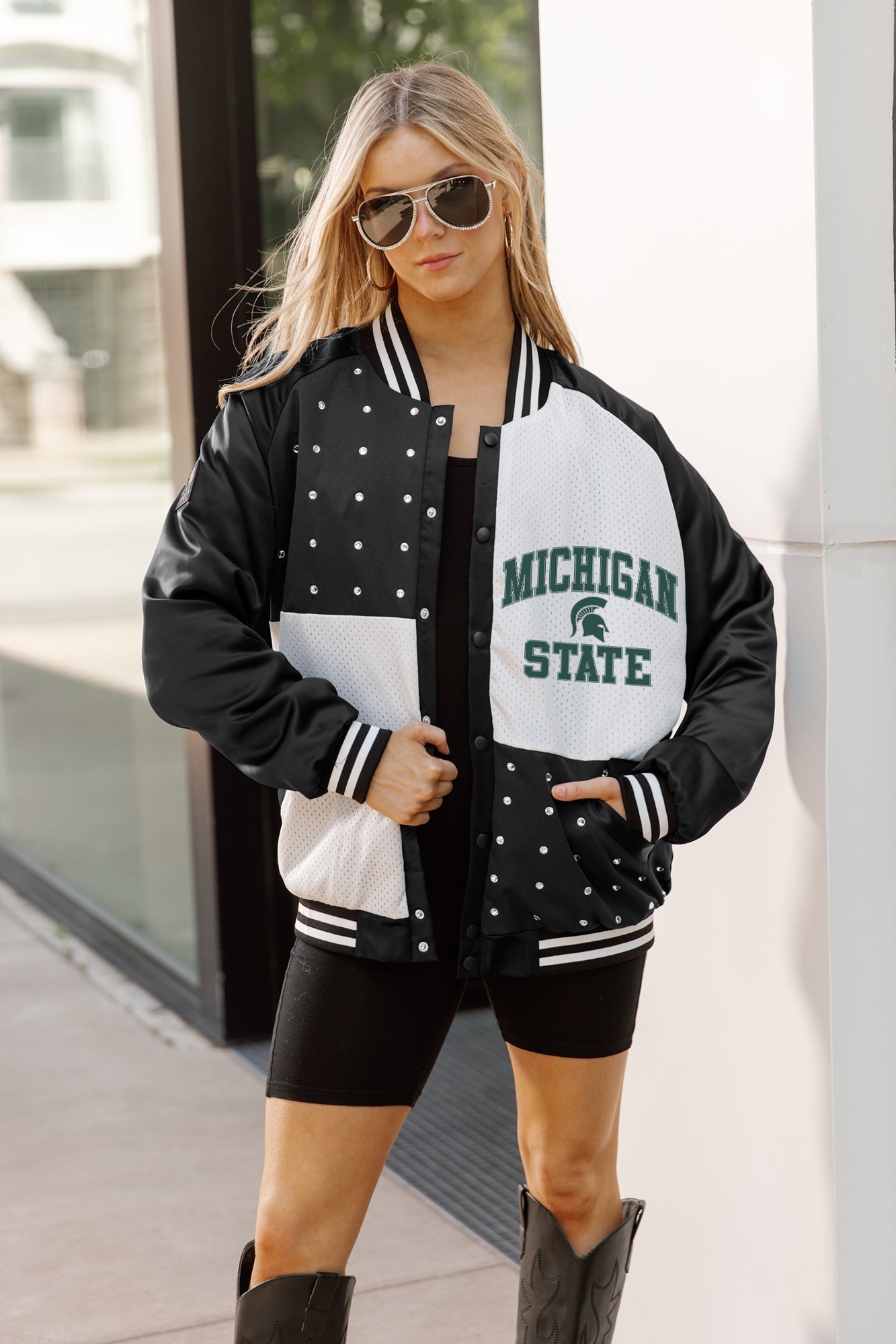 MICHIGAN STATE SPARTANS REFINED RIVALRY THROWBACK VARSITY BOMBER JACKET