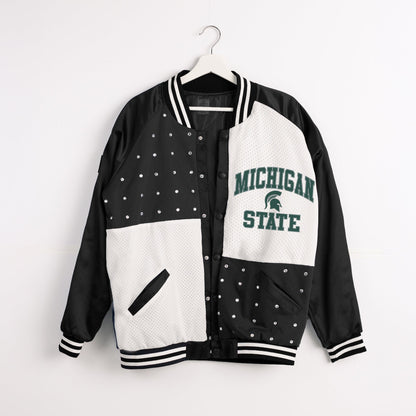 MICHIGAN STATE SPARTANS REFINED RIVALRY THROWBACK VARSITY BOMBER JACKET