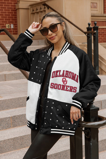 OKLAHOMA SOONERS REFINED RIVALRY THROWBACK VARSITY BOMBER JACKET