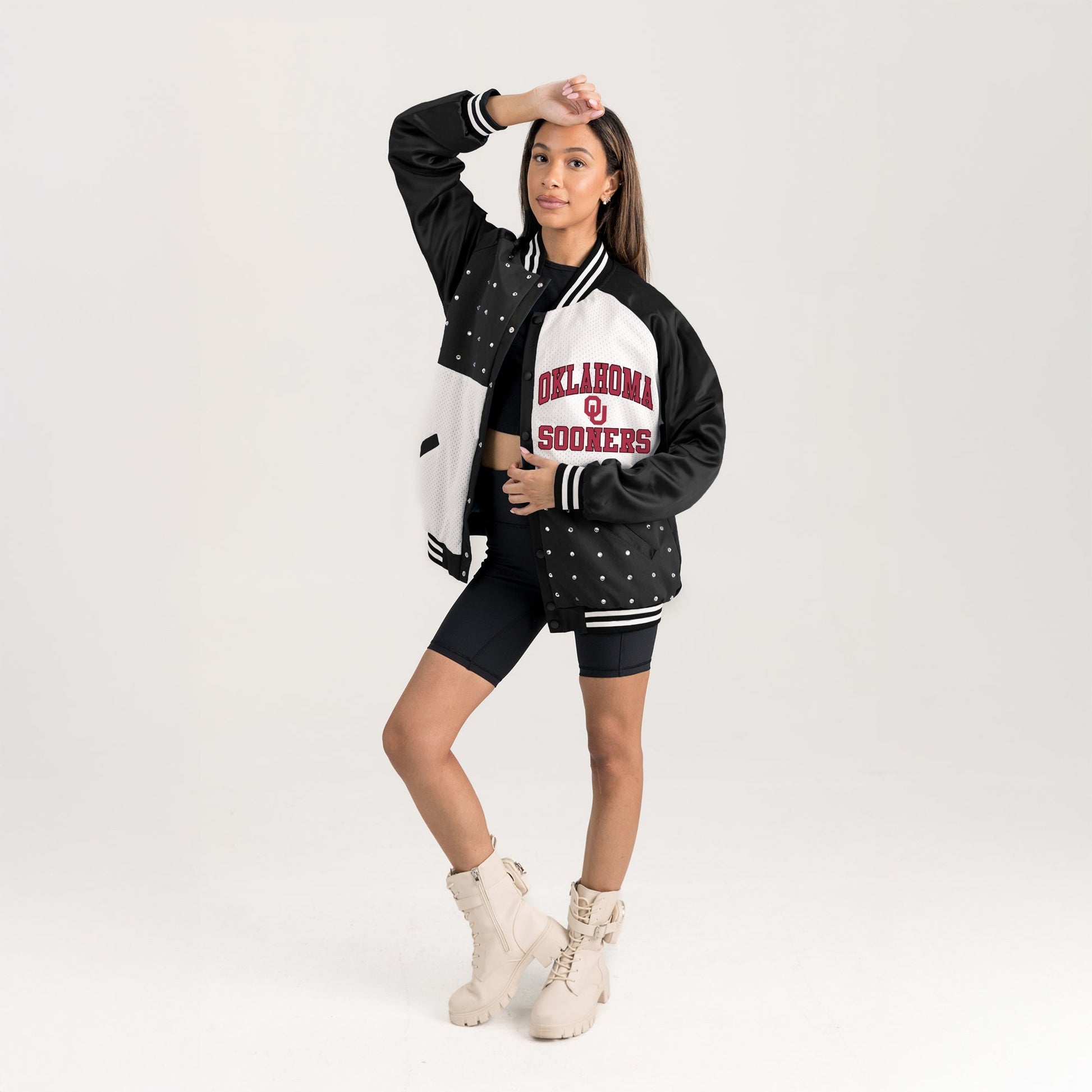 OKLAHOMA SOONERS REFINED RIVALRY THROWBACK VARSITY BOMBER JACKET