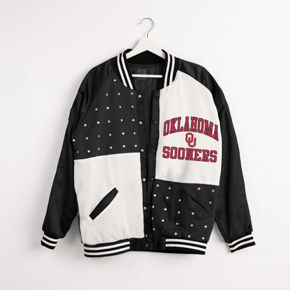 OKLAHOMA SOONERS REFINED RIVALRY THROWBACK VARSITY BOMBER JACKET
