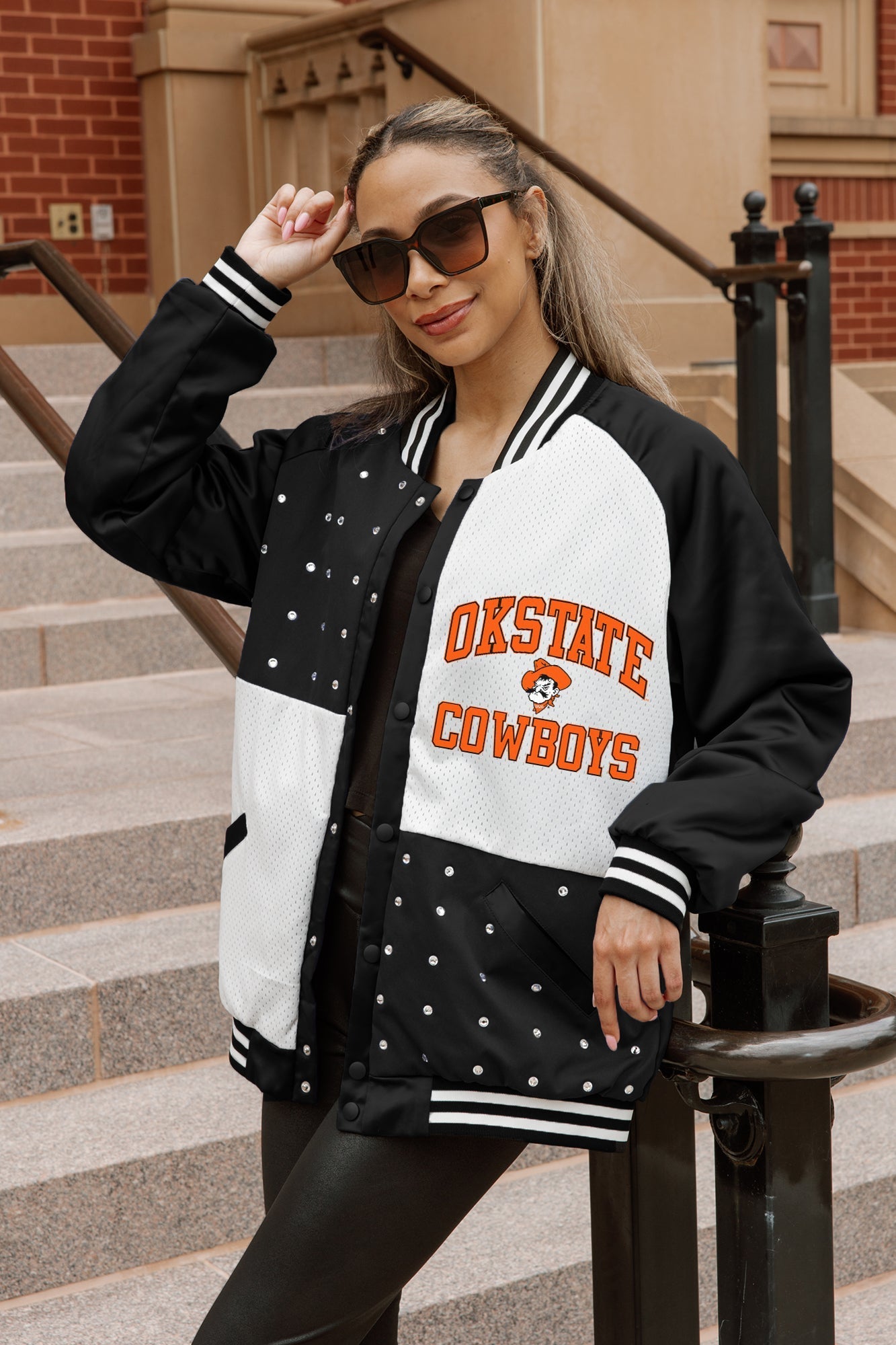 OKLAHOMA STATE COWBOYS REFINED RIVALRY THROWBACK VARSITY BOMBER JACKET