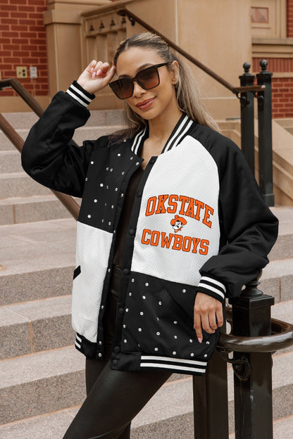 OKLAHOMA STATE COWBOYS REFINED RIVALRY THROWBACK VARSITY BOMBER JACKET