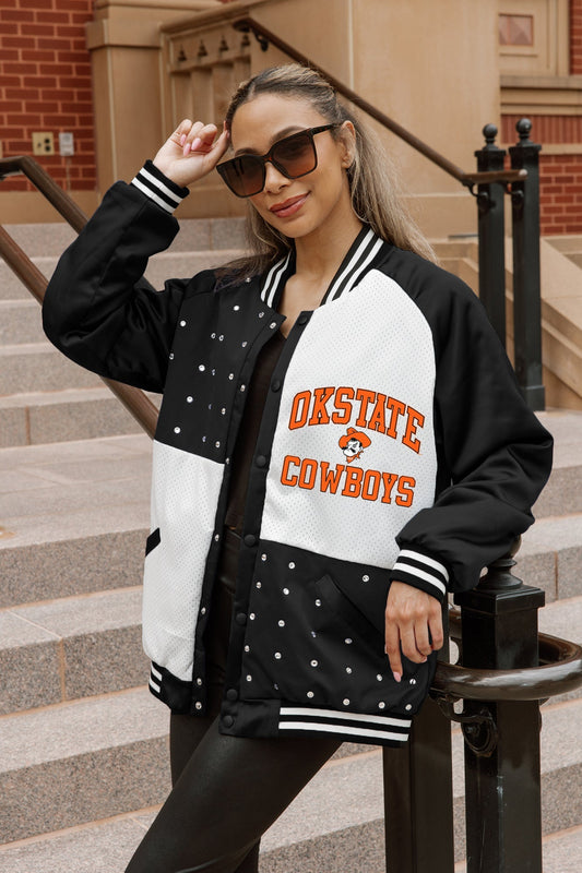 OKLAHOMA STATE COWBOYS REFINED RIVALRY THROWBACK VARSITY BOMBER JACKET
