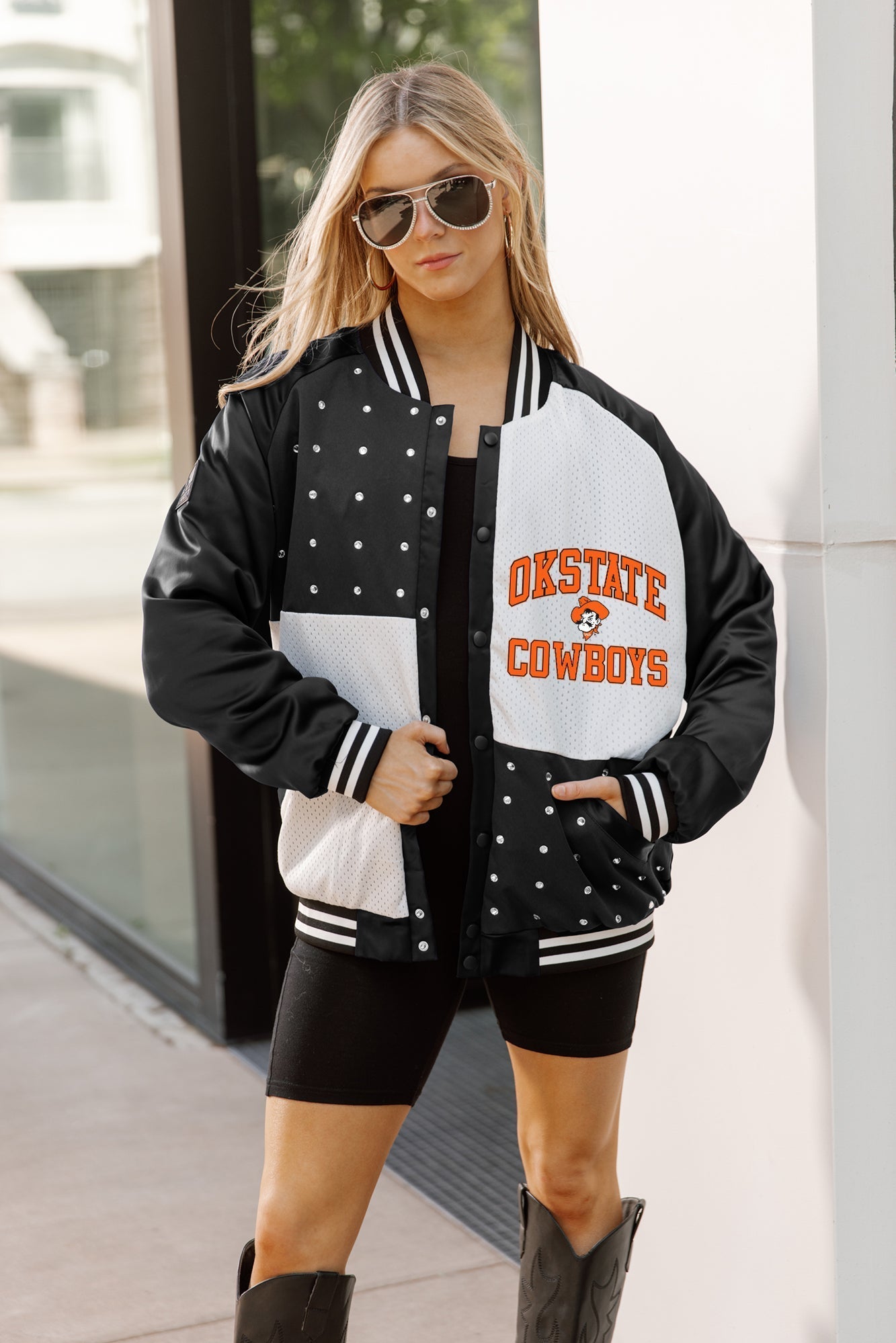 OKLAHOMA STATE COWBOYS REFINED RIVALRY THROWBACK VARSITY BOMBER JACKET