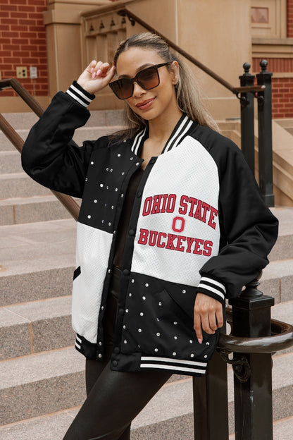 OHIO STATE BUCKEYES REFINED RIVALRY THROWBACK VARSITY BOMBER JACKET