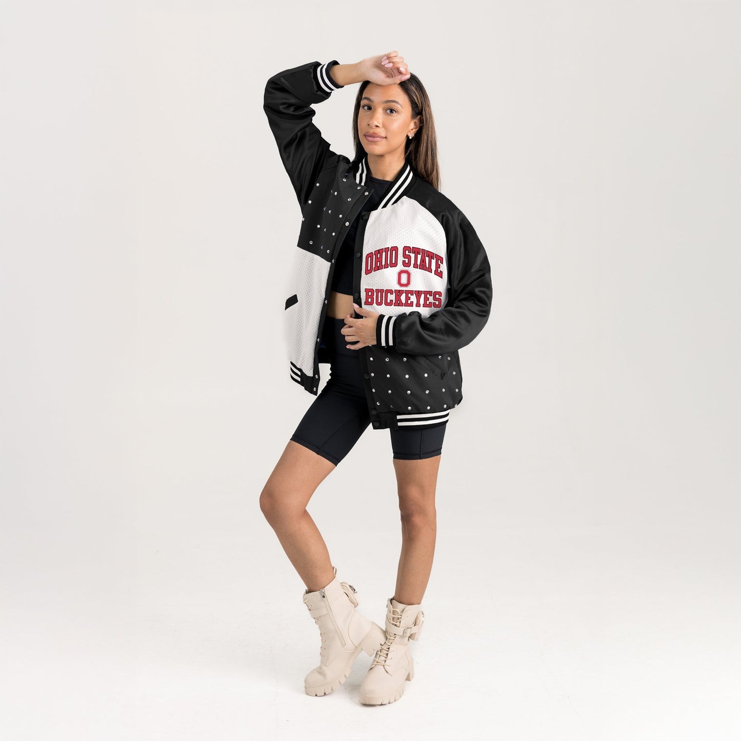 OHIO STATE BUCKEYES REFINED RIVALRY THROWBACK VARSITY BOMBER JACKET