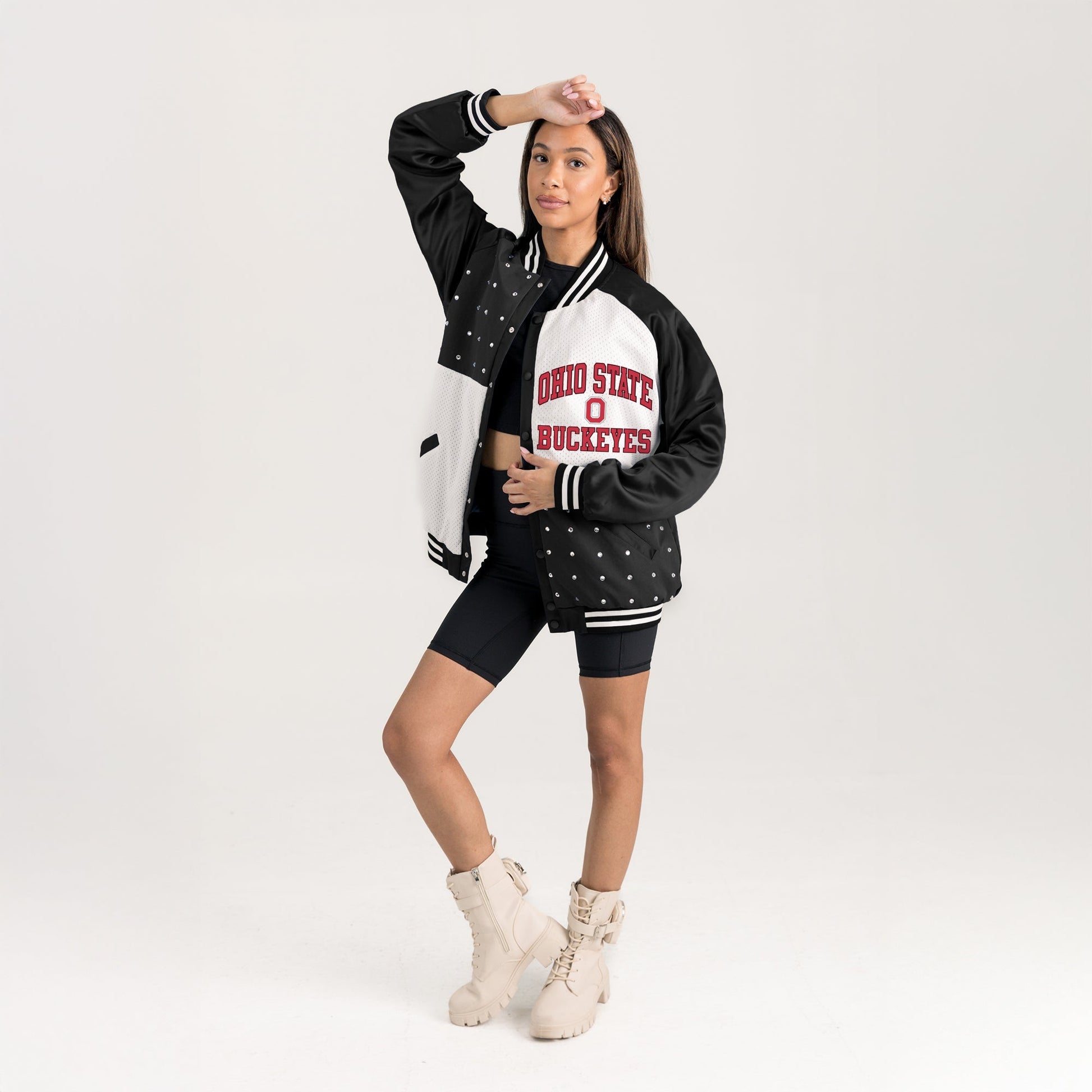 OHIO STATE BUCKEYES REFINED RIVALRY THROWBACK VARSITY BOMBER JACKET