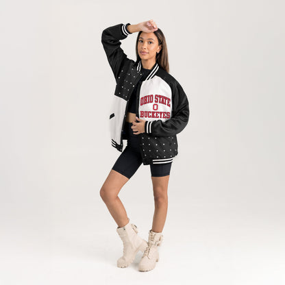 OHIO STATE BUCKEYES REFINED RIVALRY THROWBACK VARSITY BOMBER JACKET