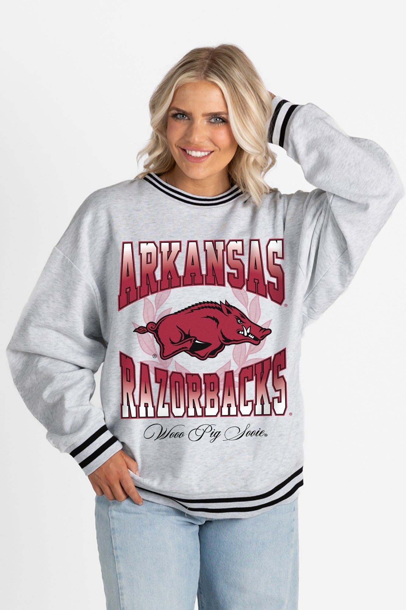 ARKANSAS RAZORBACKS FADE ROUTE CREW FLEECE RINGER SWEATSHIRT