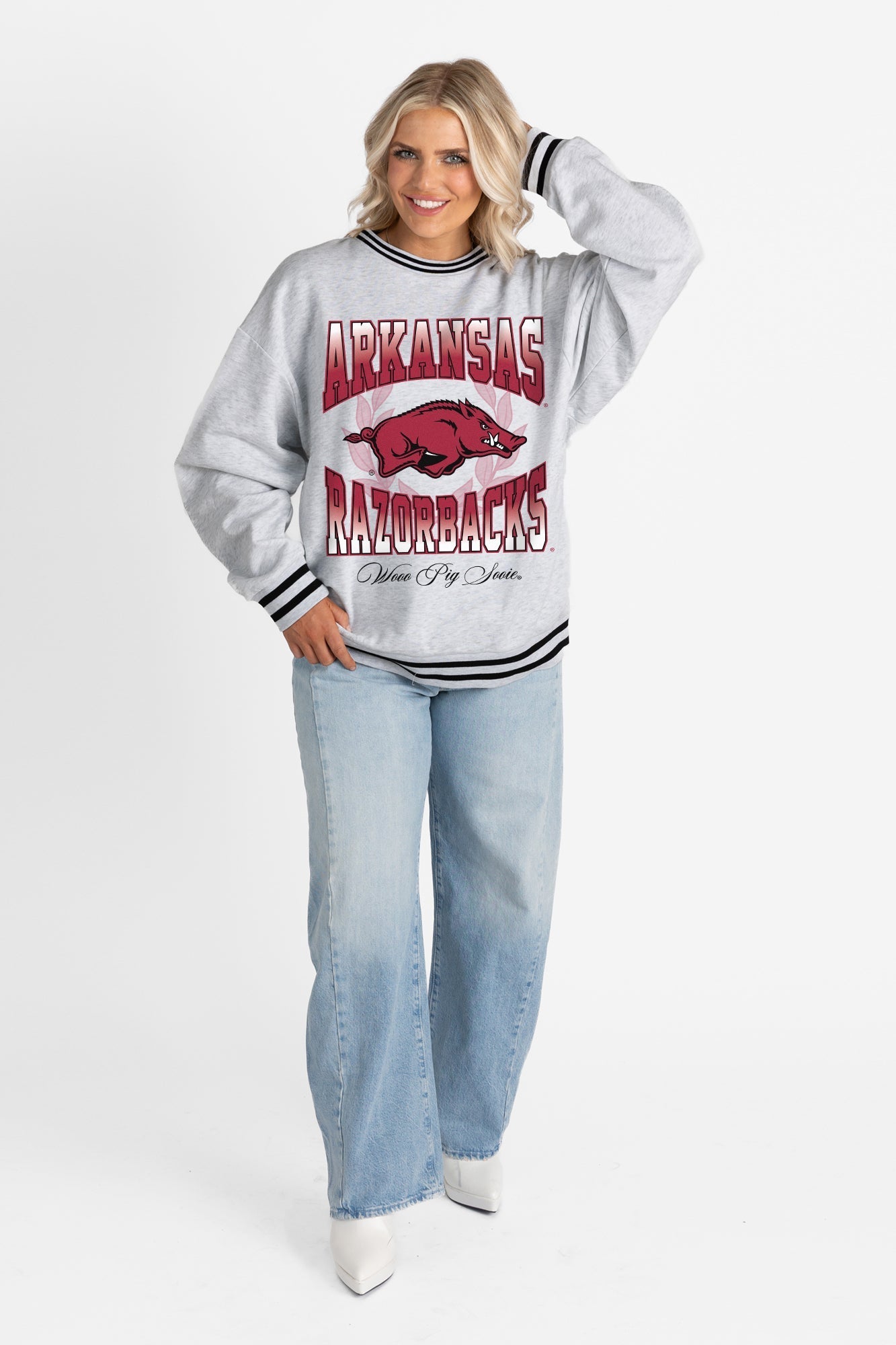 ARKANSAS RAZORBACKS FADE ROUTE CREW FLEECE RINGER SWEATSHIRT