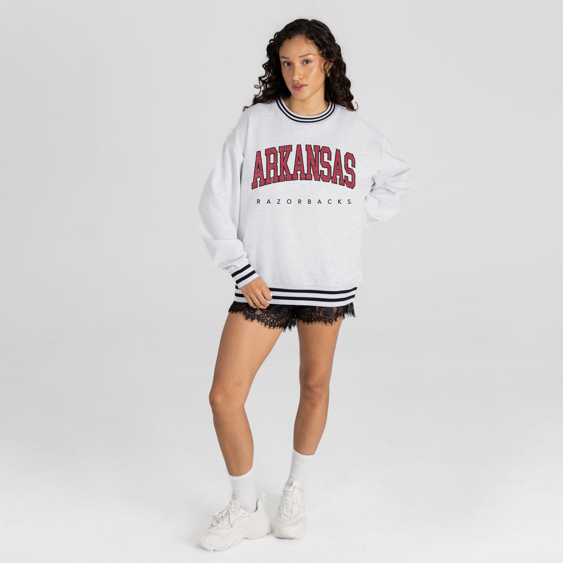 ARKANSAS RAZORBACKS EASY ENERGY CREW FLEECE RINGER STRIPE SWEATSHIRT