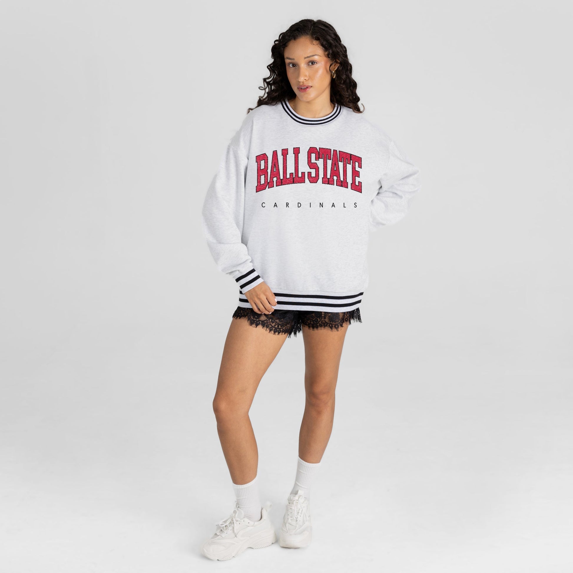 BALL STATE CARDINALS EASY ENERGY CREW FLEECE RINGER STRIPE SWEATSHIRT