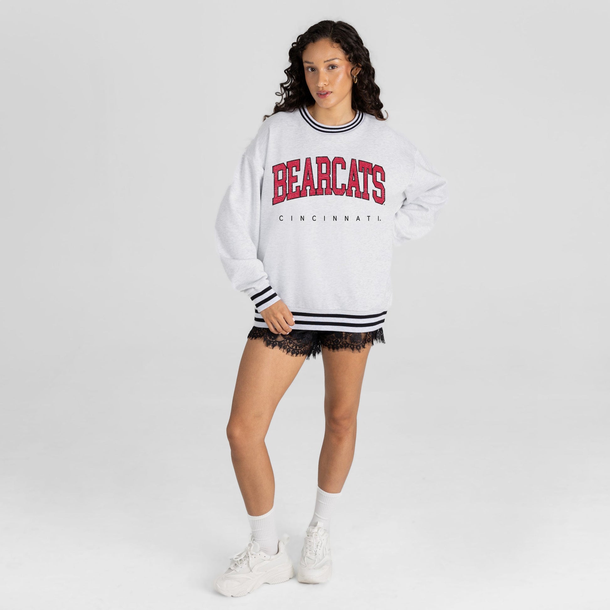 CINCINNATI BEARCATS EASY ENERGY CREW FLEECE RINGER STRIPE SWEATSHIRT