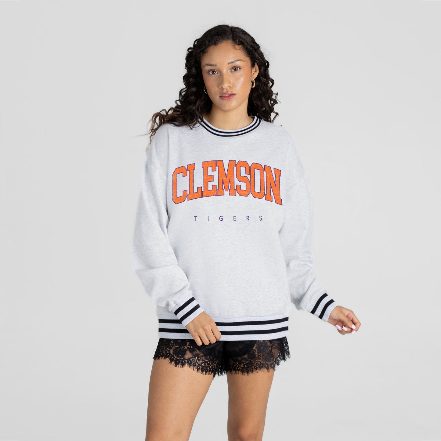 CLEMSON TIGERS EASY ENERGY CREW FLEECE RINGER STRIPE SWEATSHIRT