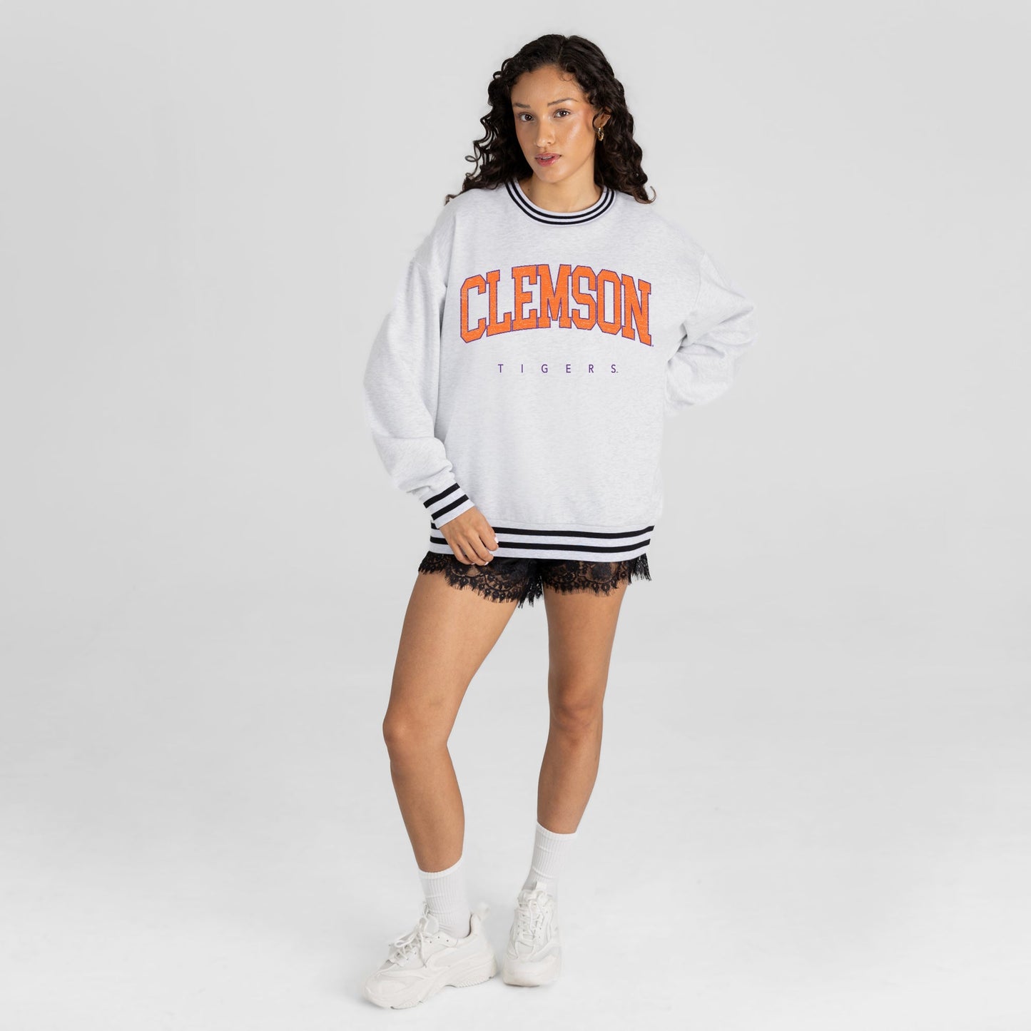 CLEMSON TIGERS EASY ENERGY CREW FLEECE RINGER STRIPE SWEATSHIRT