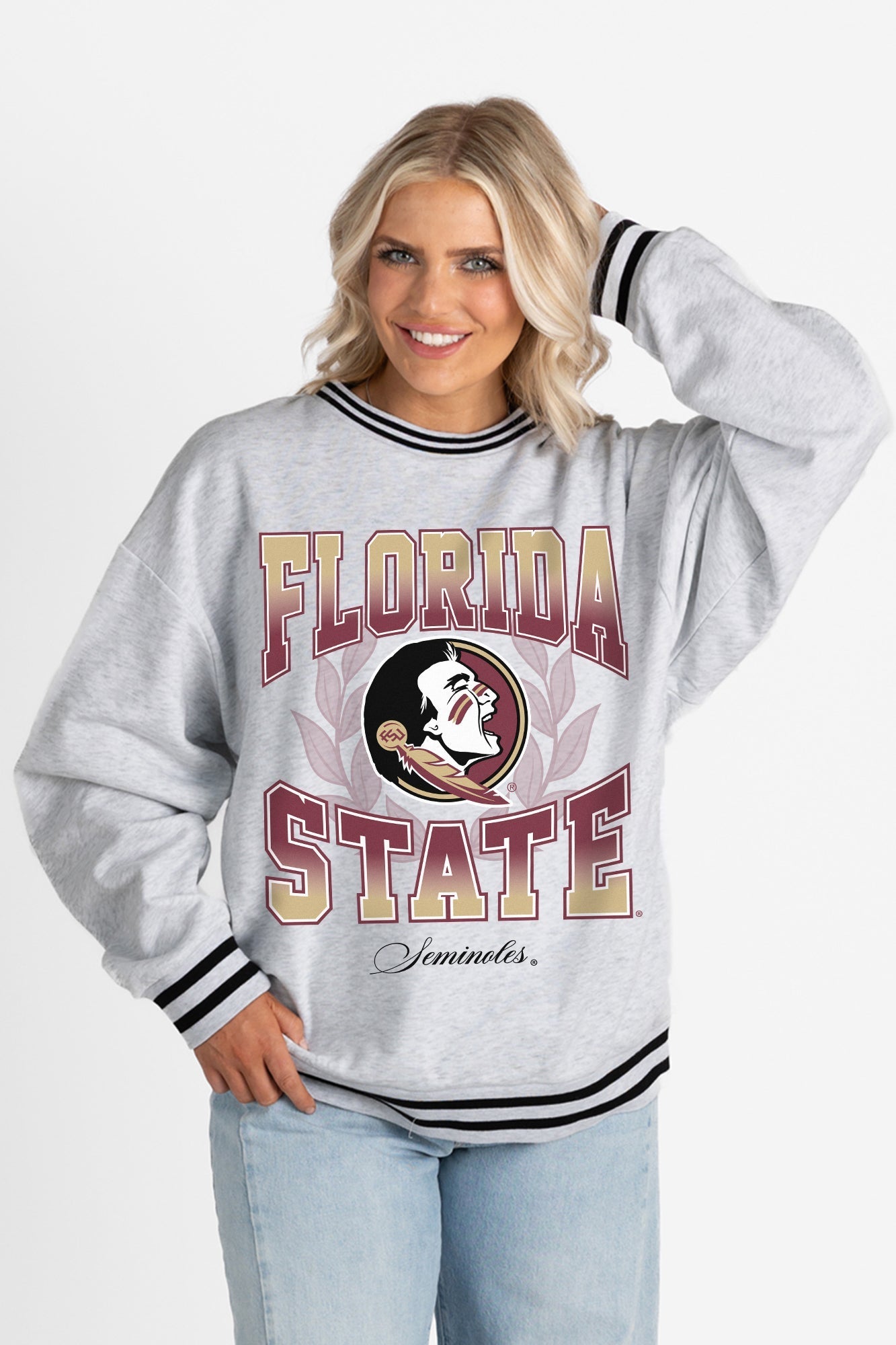 FLORIDA STATE SEMINOLES FADE ROUTE CREW FLEECE RINGER SWEATSHIRT