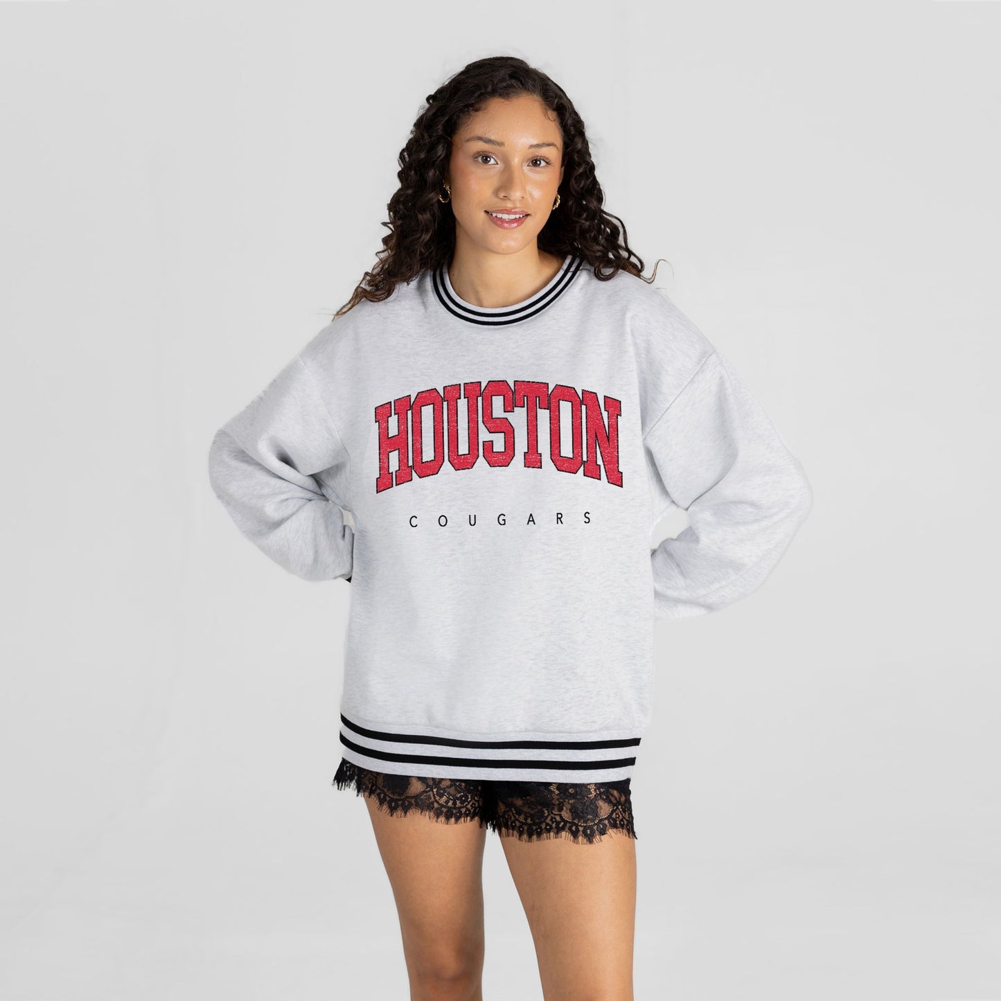 HOUSTON COUGARS EASY ENERGY CREW FLEECE RINGER STRIPE SWEATSHIRT