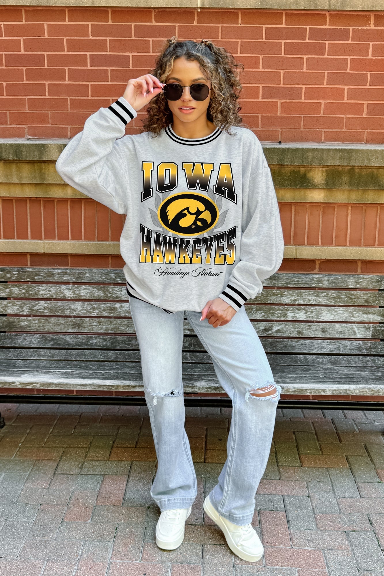 IOWA HAWKEYES FADE ROUTE CREW FLEECE RINGER SWEATSHIRT