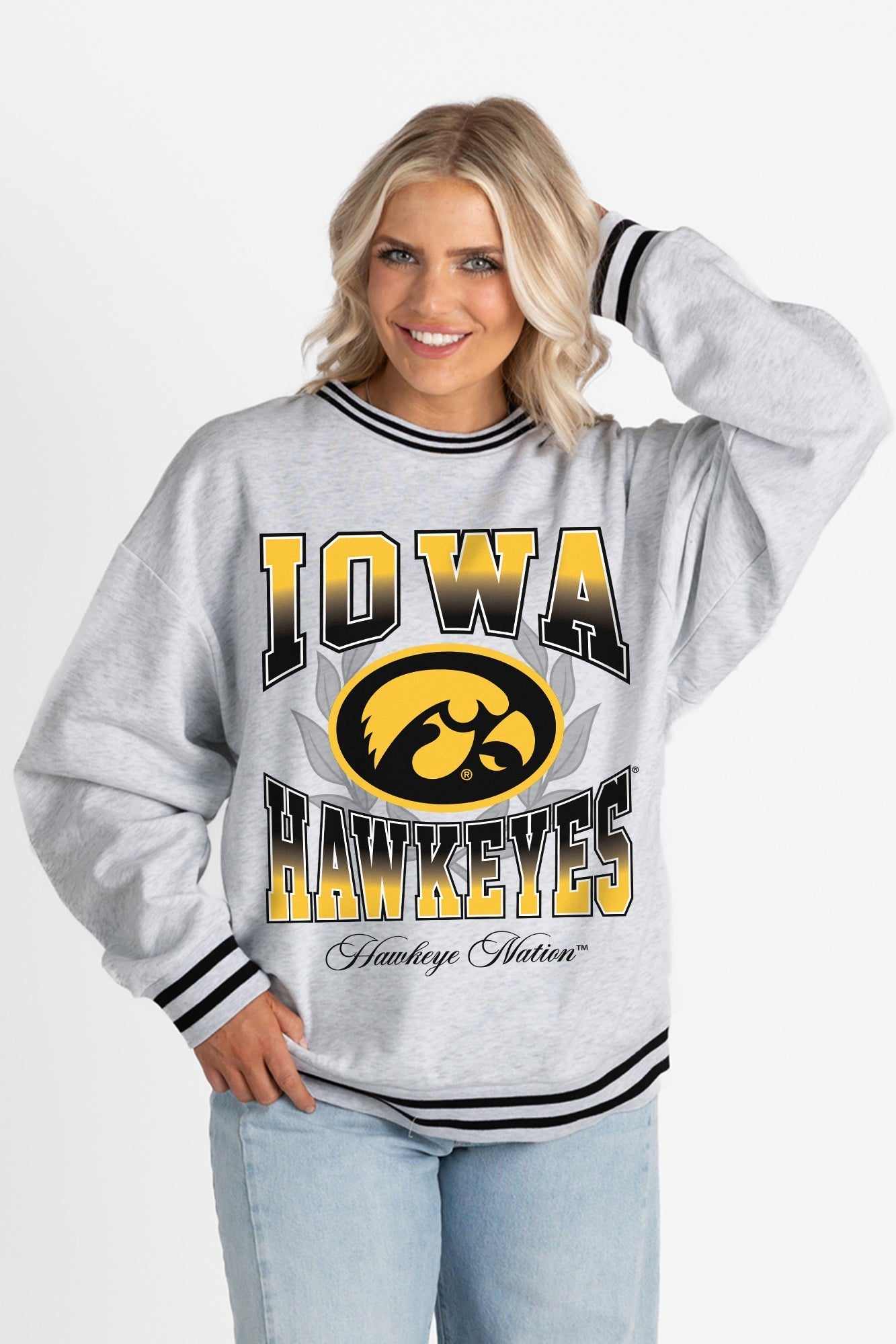 IOWA HAWKEYES FADE ROUTE CREW FLEECE RINGER SWEATSHIRT