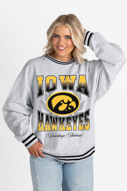 IOWA HAWKEYES FADE ROUTE CREW FLEECE RINGER SWEATSHIRT