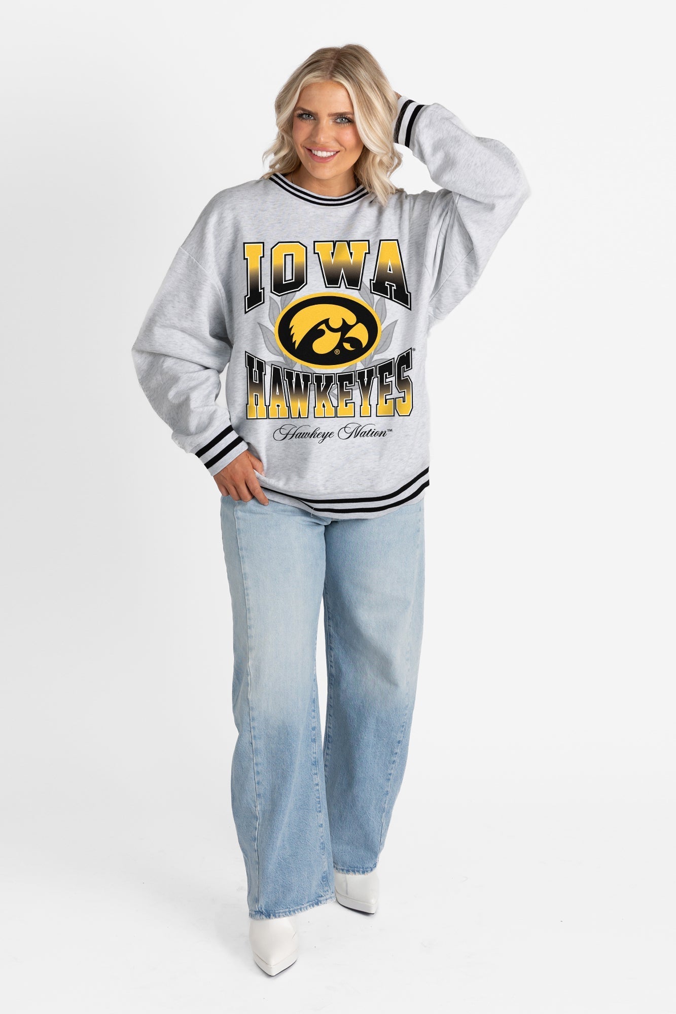 IOWA HAWKEYES FADE ROUTE CREW FLEECE RINGER SWEATSHIRT