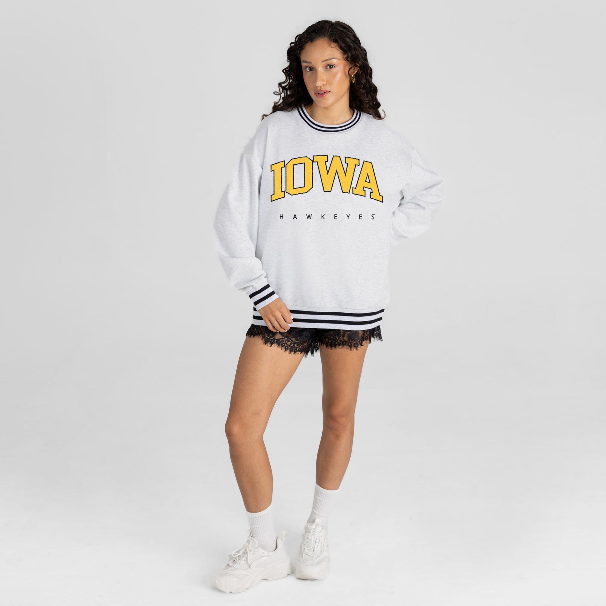 IOWA HAWKEYES EASY ENERGY CREW FLEECE RINGER STRIPE SWEATSHIRT
