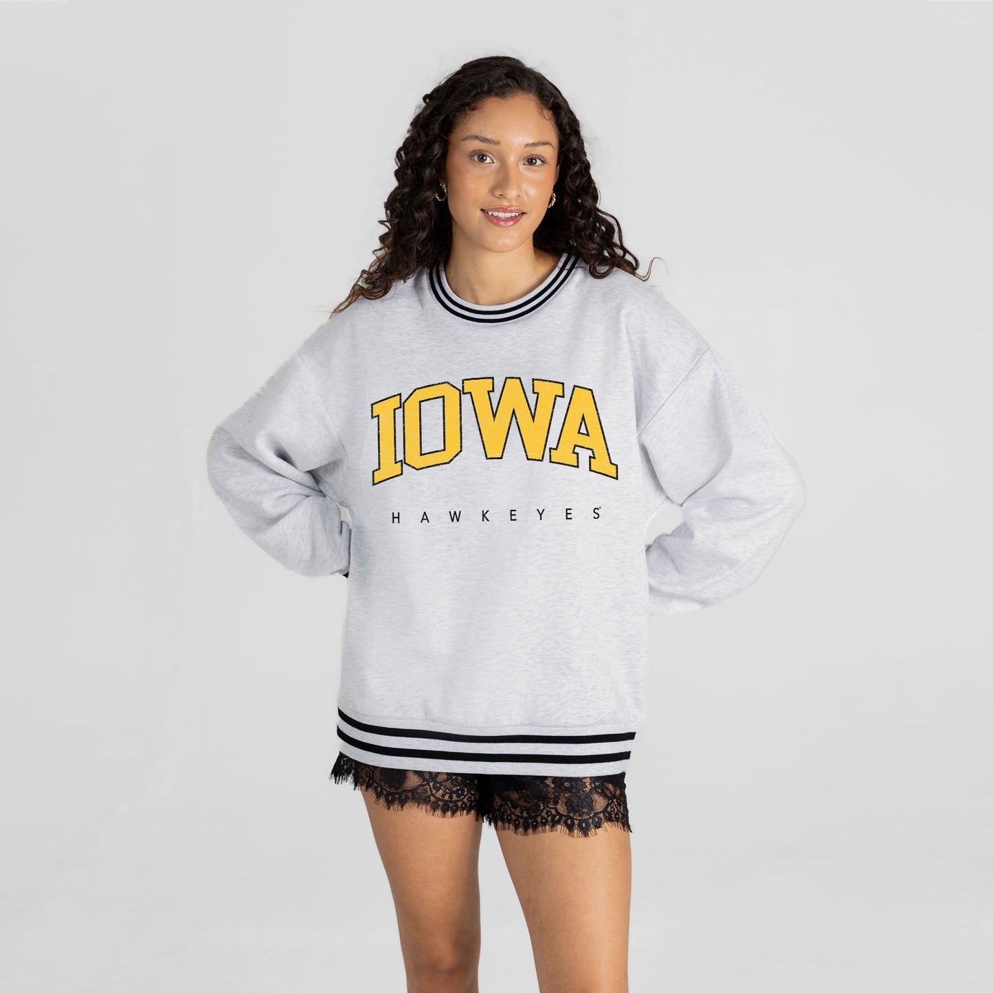IOWA HAWKEYES EASY ENERGY CREW FLEECE RINGER STRIPE SWEATSHIRT