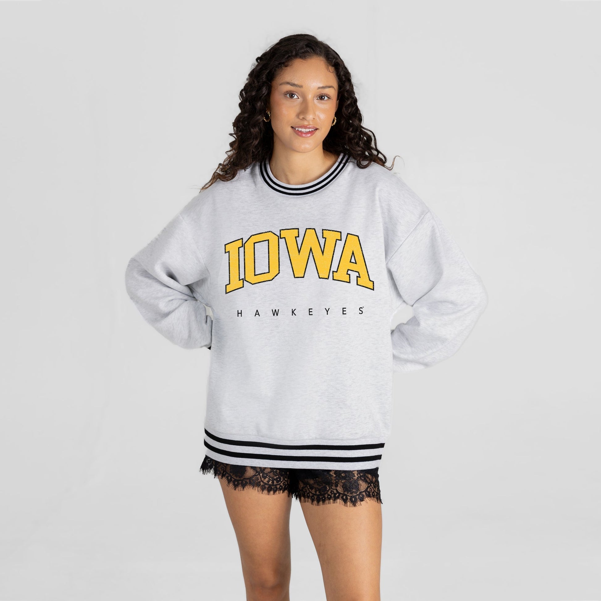 IOWA HAWKEYES EASY ENERGY CREW FLEECE RINGER STRIPE SWEATSHIRT