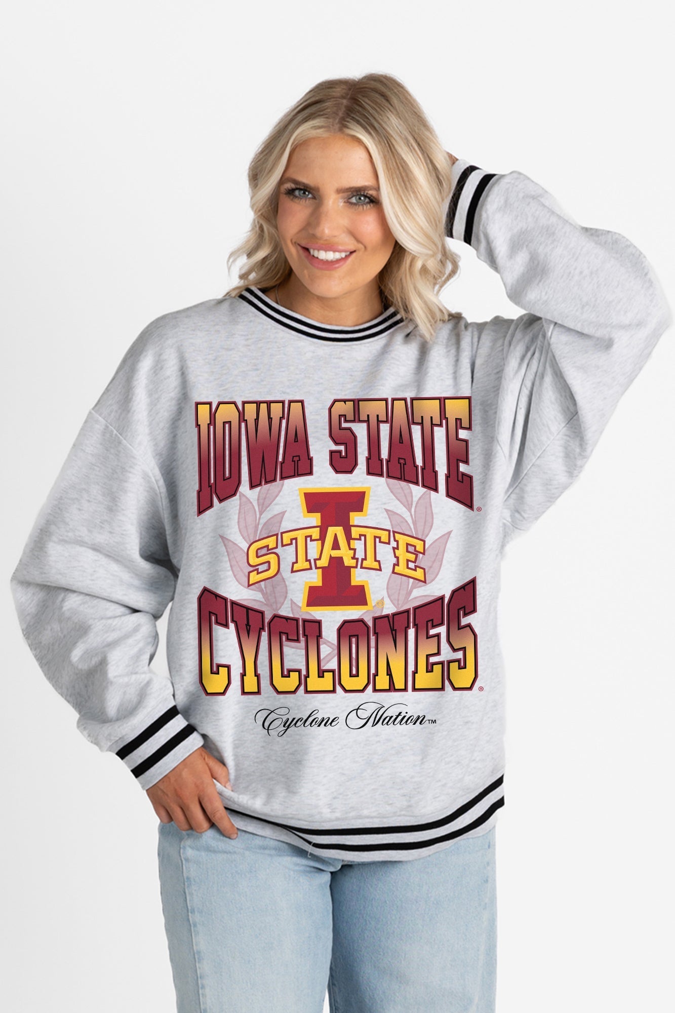 IOWA STATE CYCLONES FADE ROUTE CREW FLEECE RINGER SWEATSHIRT