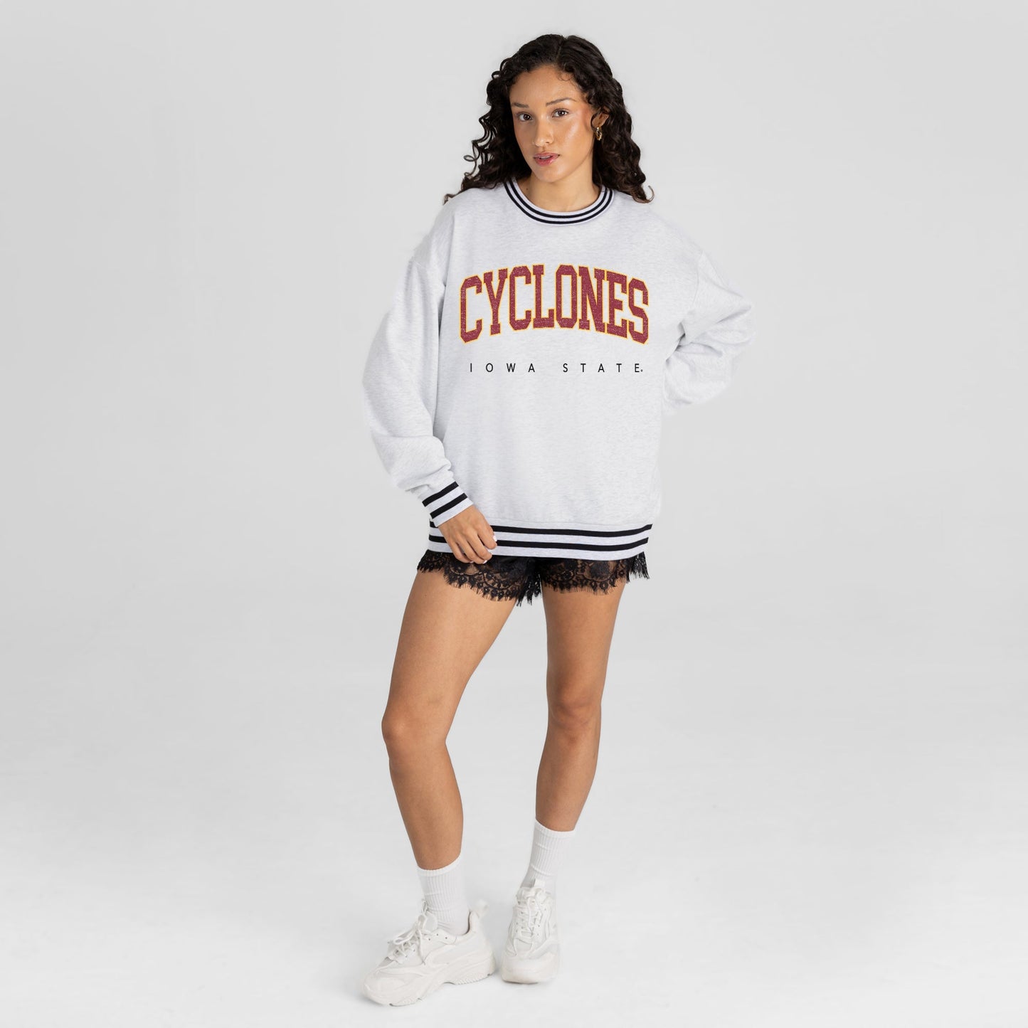 IOWA STATE CYCLONES EASY ENERGY CREW FLEECE RINGER STRIPE SWEATSHIRT