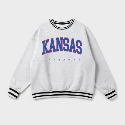 KANSAS JAYHAWKS EASY ENERGY CREW FLEECE RINGER STRIPE SWEATSHIRT
