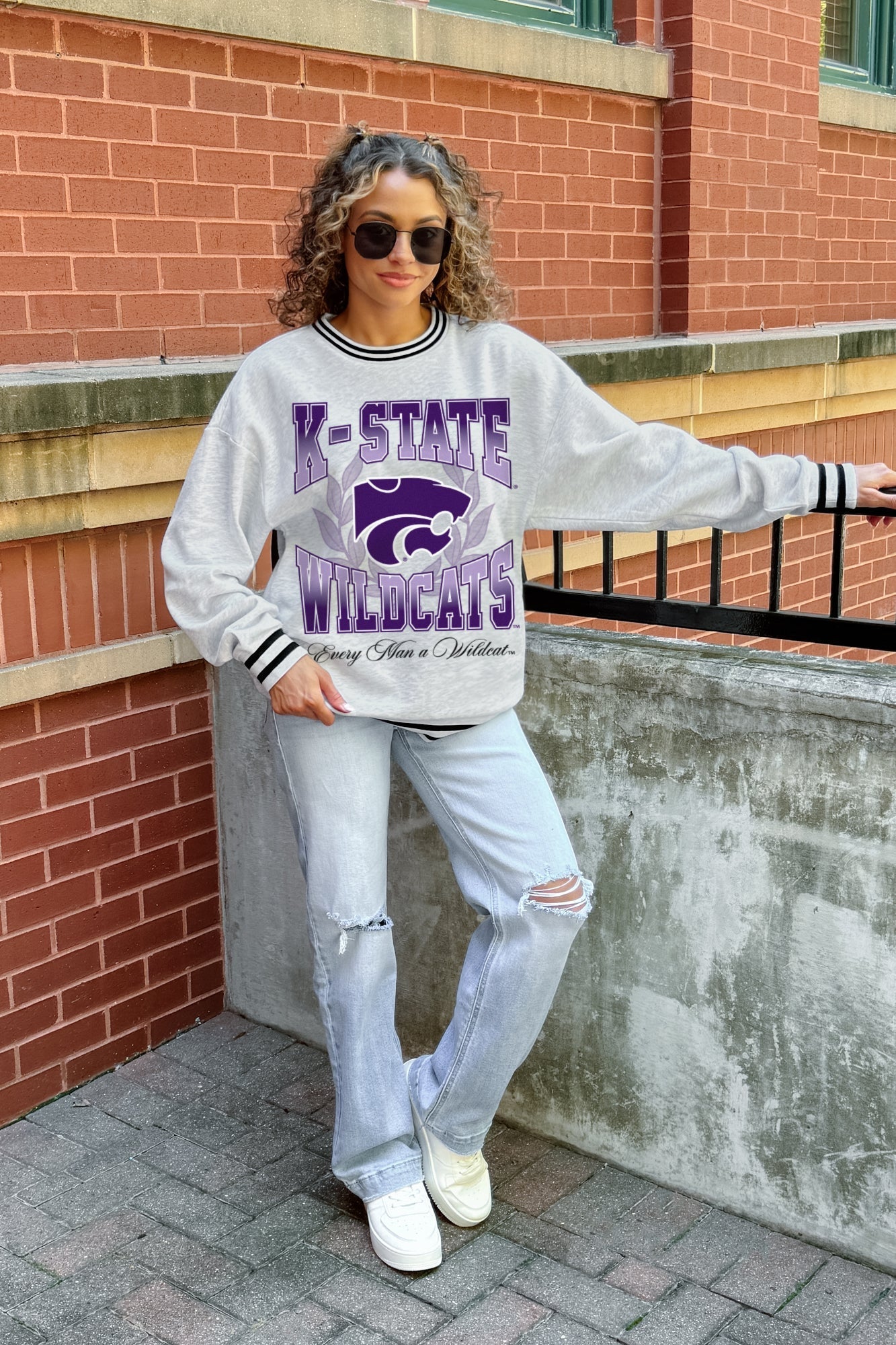 KANSAS STATE WILDCATS FADE ROUTE CREW FLEECE RINGER SWEATSHIRT