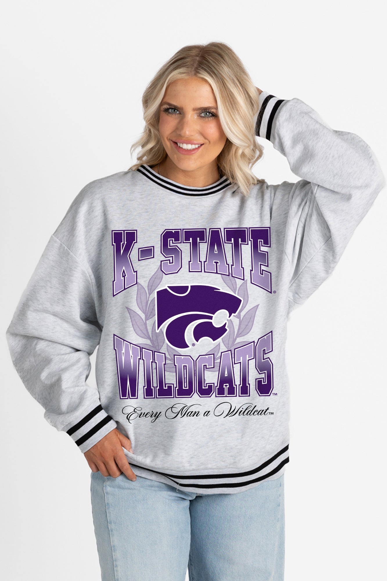 KANSAS STATE WILDCATS FADE ROUTE CREW FLEECE RINGER SWEATSHIRT