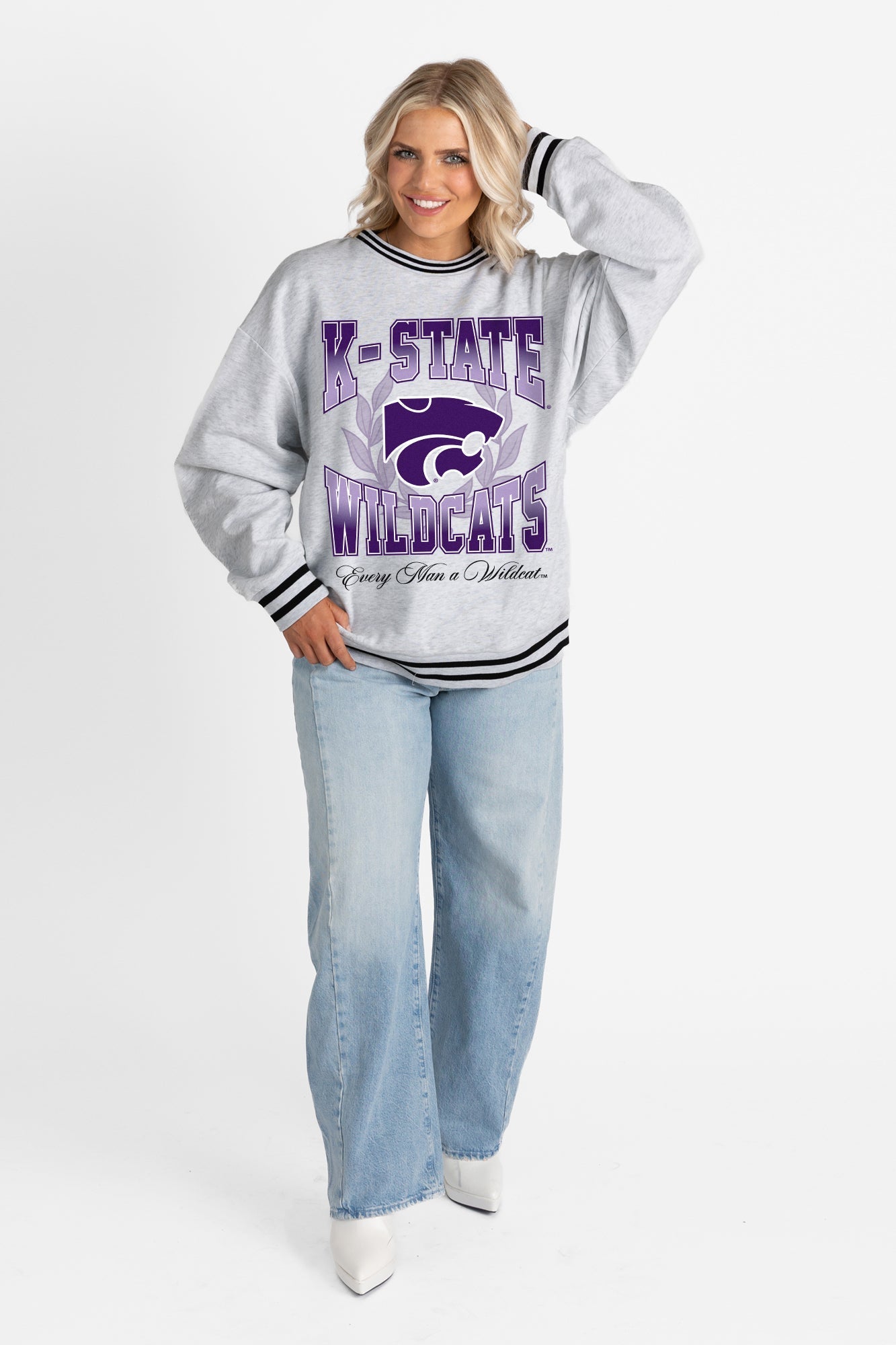 KANSAS STATE WILDCATS FADE ROUTE CREW FLEECE RINGER SWEATSHIRT