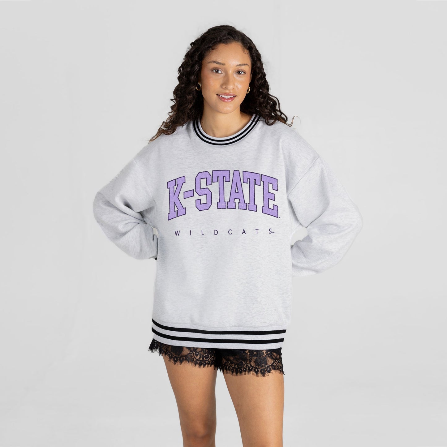 KANSAS STATE WILDCATS EASY ENERGY CREW FLEECE RINGER STRIPE SWEATSHIRT