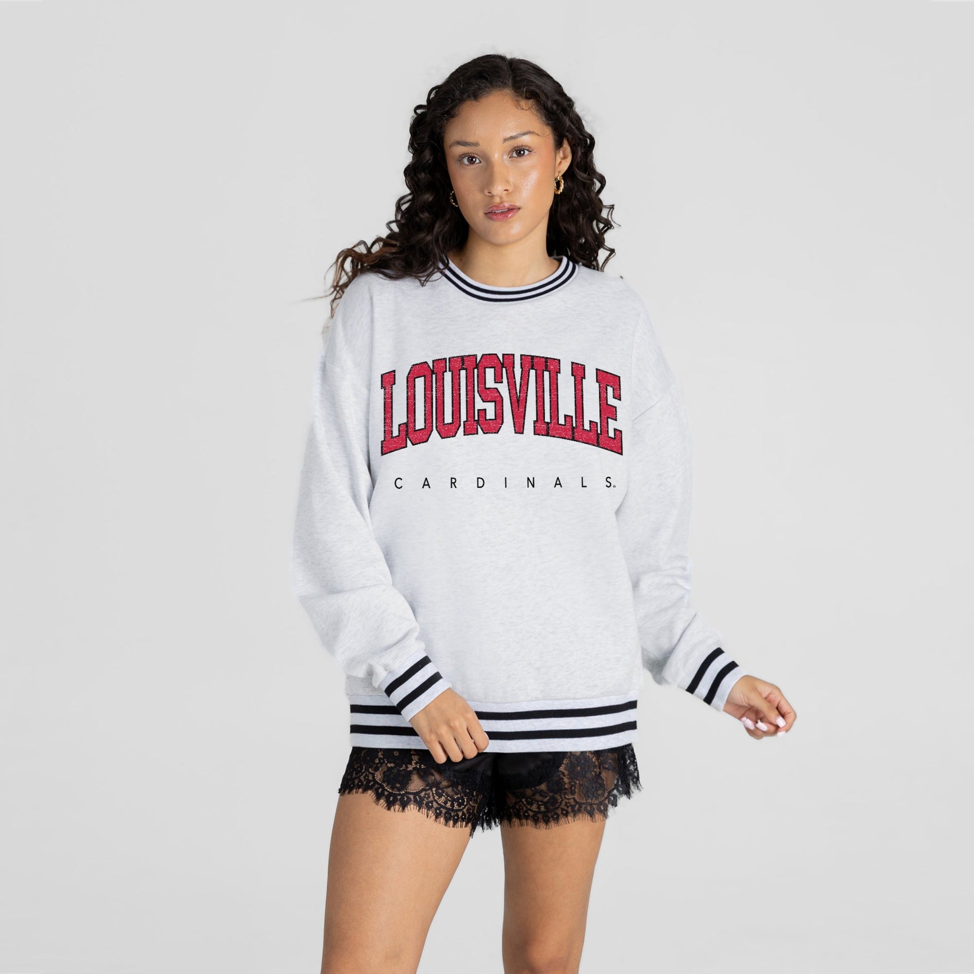 LOUISVILLE CARDINALS EASY ENERGY CREW FLEECE RINGER STRIPE SWEATSHIRT