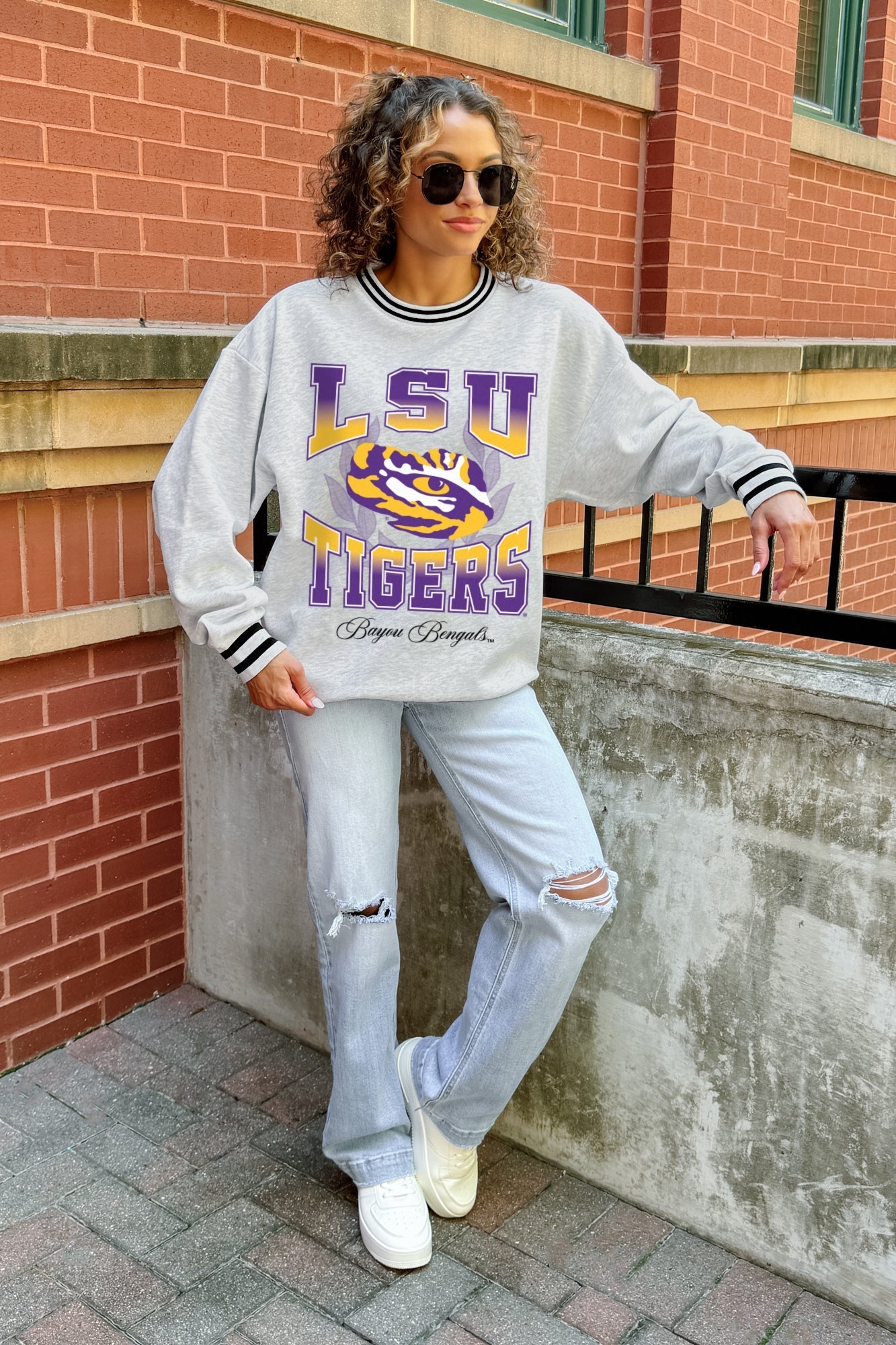 LSU TIGERS FADE ROUTE CREW FLEECE RINGER SWEATSHIRT