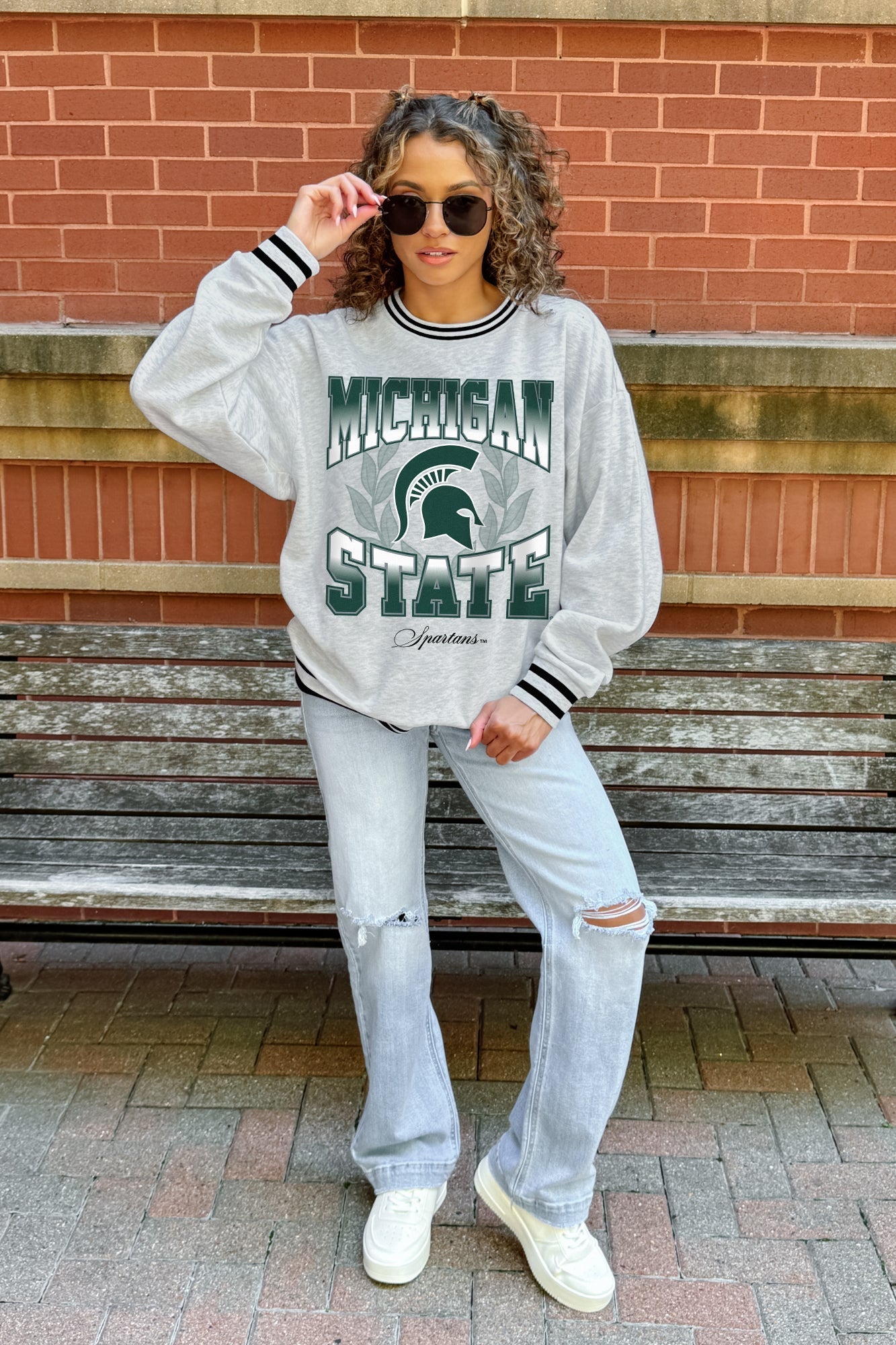 MICHIGAN STATE SPARTANS FADE ROUTE CREW FLEECE RINGER SWEATSHIRT