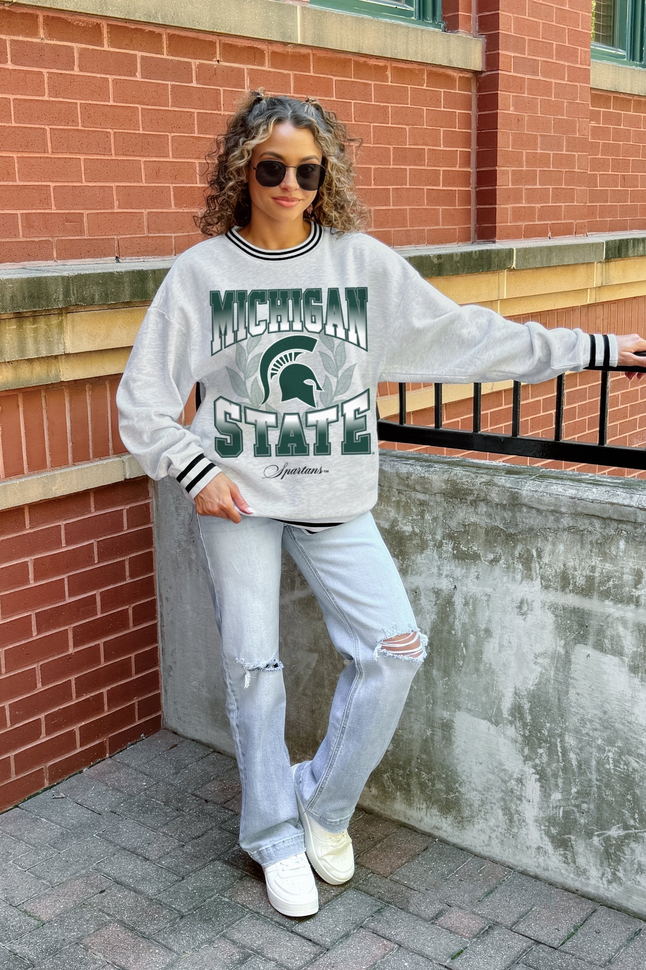 MICHIGAN STATE SPARTANS FADE ROUTE CREW FLEECE RINGER SWEATSHIRT