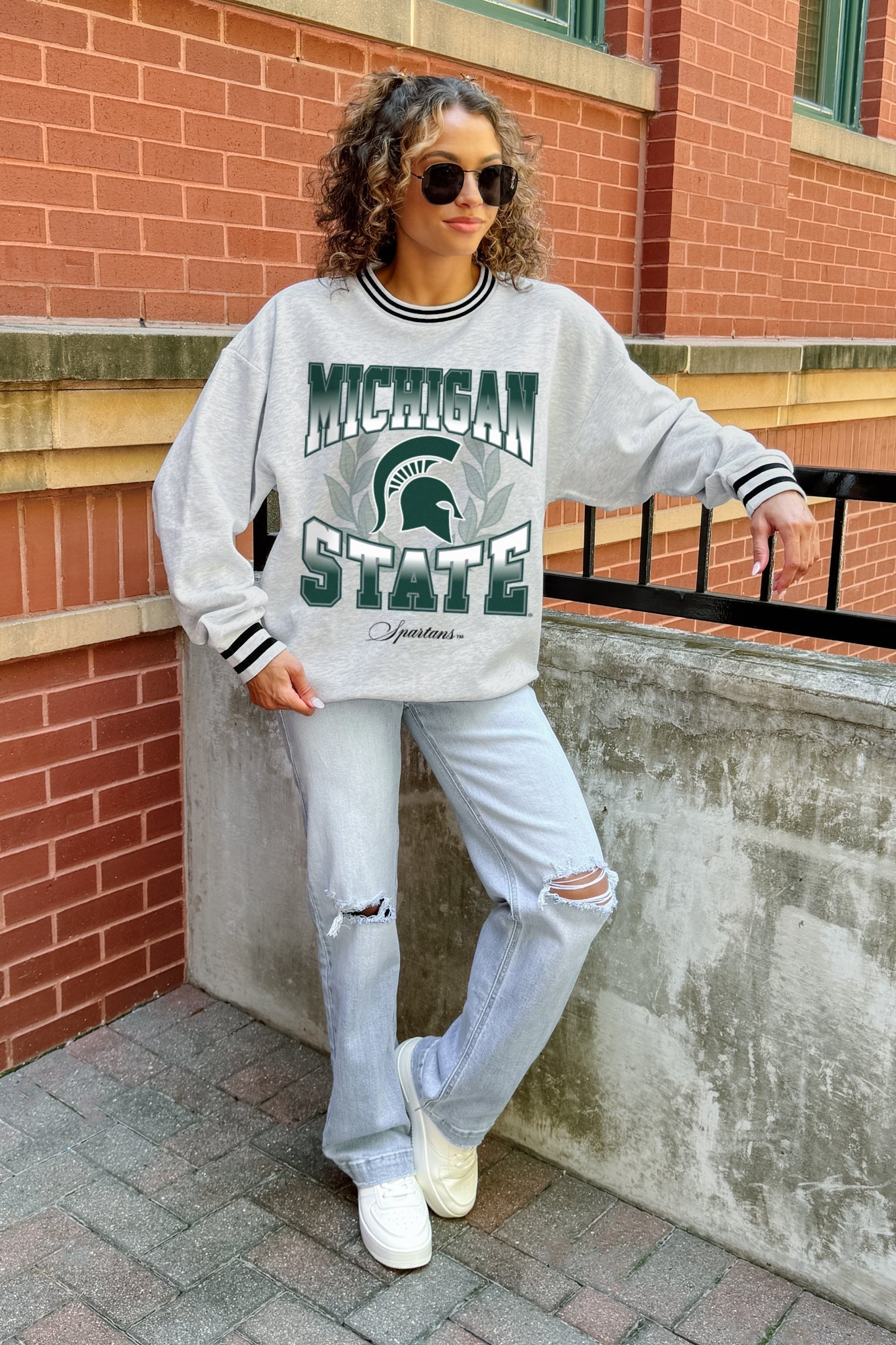 MICHIGAN STATE SPARTANS FADE ROUTE CREW FLEECE RINGER SWEATSHIRT