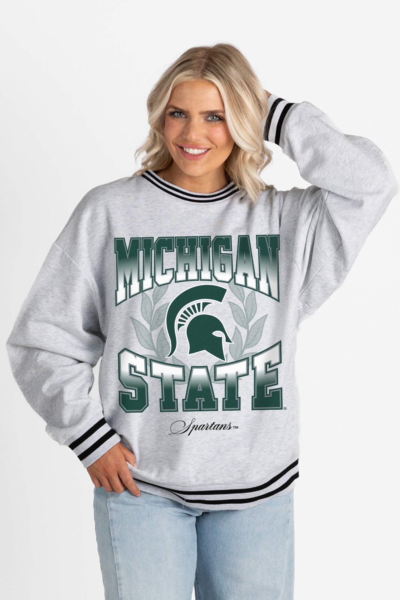 MICHIGAN STATE SPARTANS FADE ROUTE CREW FLEECE RINGER SWEATSHIRT