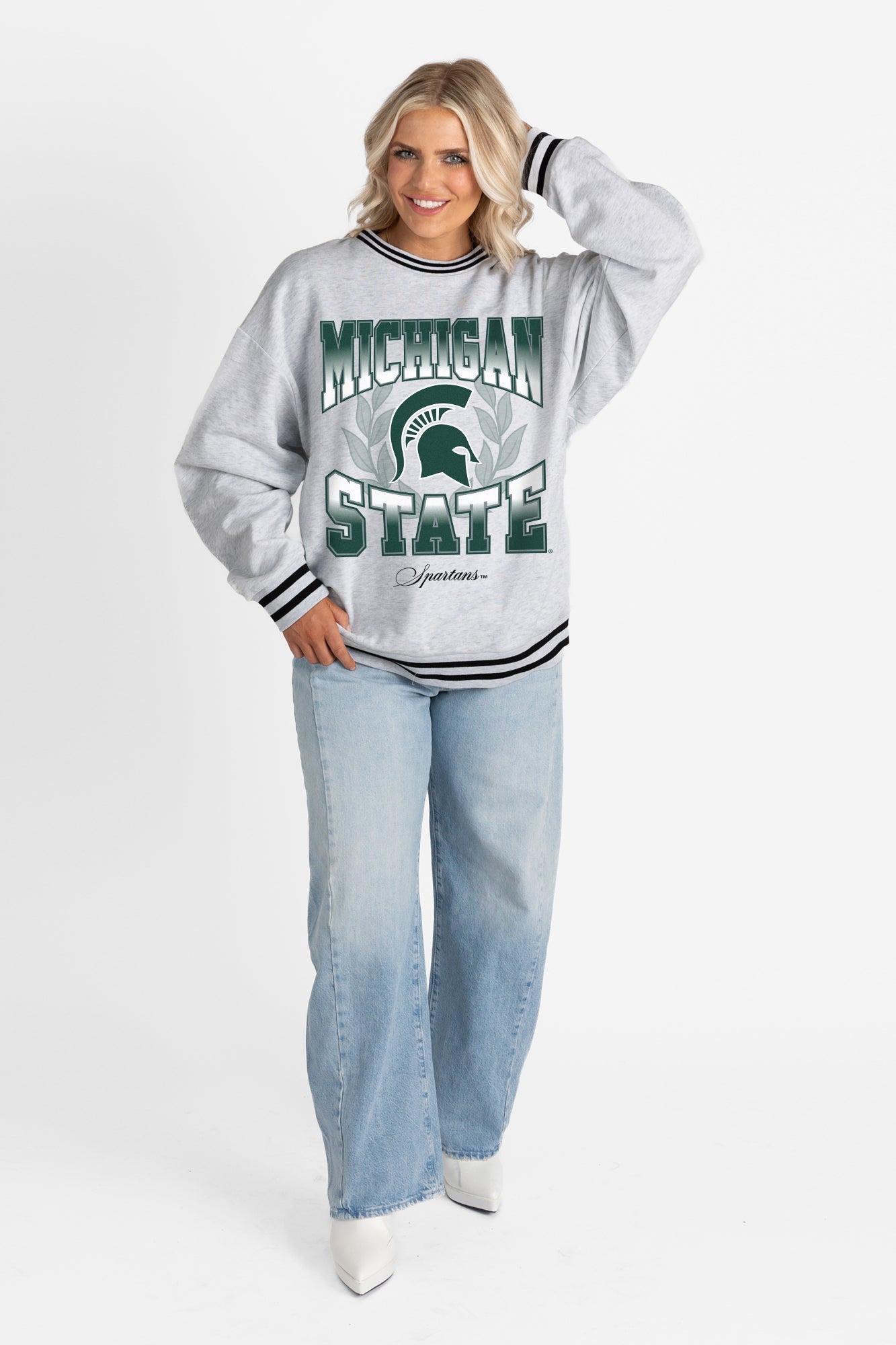 MICHIGAN STATE SPARTANS FADE ROUTE CREW FLEECE RINGER SWEATSHIRT